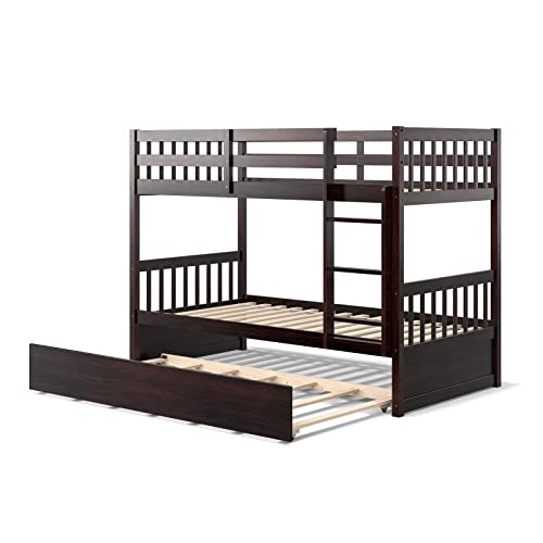 Komfott Wood Bunk Bed With Trundle Twin Over Twin, Solid Pine Wood Bunk Bed Frame With Ladder & Safety Guardrails, Space-Saving Convertible Bunk Bed For Home & Dormitory, No Box Spring Needed #TOP7
