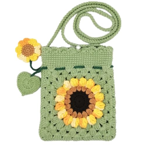 oukesin Handgemachte gehäkelte Handytasche mit Sonnenblumenblüten Stricktasche für Damen 3 Farben, Grün