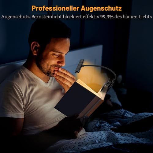 Gritin Leselampe Buch Klemme, USB Wiederaufladbare Buchlampe mit 19 LEDs, 3 Farbtemperatur Modi, Lange Laufzeit, Stufenlose Helligkeit Klemmlampe, 360° Flexibel Klemmleuchte für Nachtlesen ins Bett 4