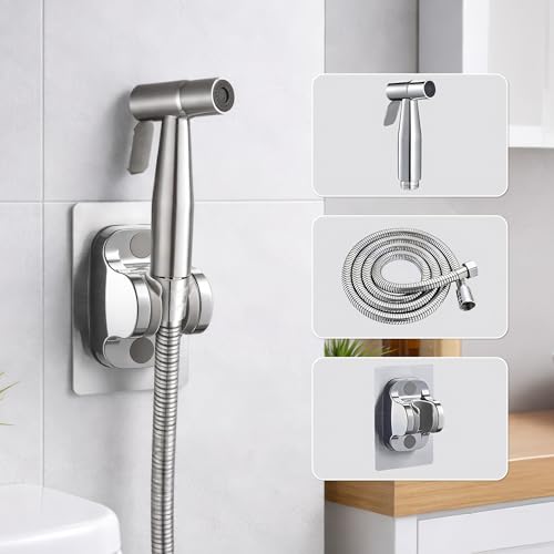 Image of Amazon Basics Premium SS 304 Stainless Steel Health Faucet Set Chrome Finish | Jet Spray Gun with Hose Pipe and Holder for Toilet | Bathroom Bidet Sprayer Kit