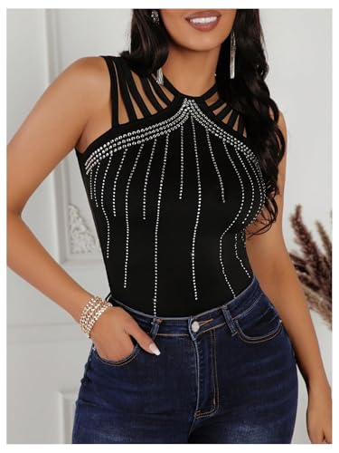 SOLY HUX Women's Tank Tops Sparkle Rhinestone Cut Out Sleeveless Slim Fit Party Top3