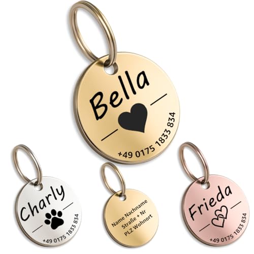 Hundemarke mit Gravur - Personalisiert - Edelstahl - ⌀30mm - Gold - Namensschild für Halsband - Dog Tag - Anhänger Marke für Hunde - mit Symbolauswahl - Tiermarke für Hunde, Katzen, Welpen, Pferde