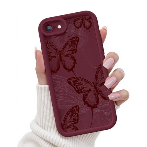FUXICASE for iPhone SE/8/7 Case, Creative Butterfly Pattern Design for Girl Women, Soft Silicone Shockproof Anti-Scratch Protection Phone Cover for iPhone SE/8/7 (Burgundy Red Butterfly)