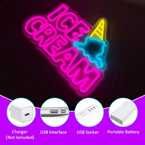Image of Ice Cream Neon Sign, Neon Signs for Wall Decor, Yellow Blue Pink Light Up Sign Word LED Neon Sign USB Powered Neon Wall Signs for Bedroom Restaurant Cafe Drink Bar Business Ice Cream Shop
