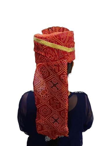 Image of BookMyCostume Traditional Rajasthani Safa & Barati Pagdi Collection - Pre-Stitched Ethnic Turbans, Bandhani /Leheriya Headwear For Weddings, Cultural Folk Dance & Festival Pagdi for Adults