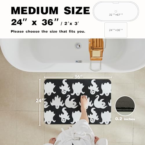Halloween Bath Mat, Thin Halloween Bathroom Rug Non Slip Quick Dry Ghost Bath Mat Fits Under Door Thin Floor Mat Halloween Decor, 24''x36'', Spooky Ghosts Black