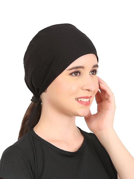 RAHMA Jersey Tie-Back Closure Hijab Caps, Abaya Caps, Bonnet Caps, Under Scarf Head Wraps for Women, Breathable Lightweight Jersey Fabric, One Size Fits All, Multiple Colours BLACK