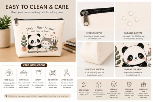 Image of DRUDRAYA Canvas Cute Panda & Cat Pouch | Storage Zipper Bag (Pack of 1)