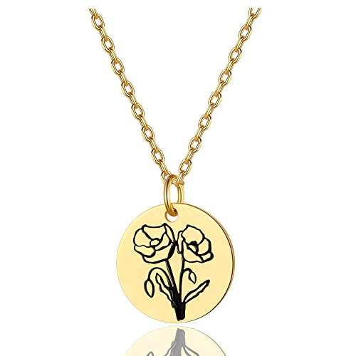 FindChic Dainty Gold Necklaces for Women Birth Flower Pendant August Poppy Guardian Floral Disc Pendant 14K Gold Plated VermeilRound Coin Medal Jewelry Birthday Gifts for Mom