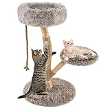 Tangkula Solid Wood Cat Tree, Modern Cat Tower with Scratching Post, Luxurious Perch & Platform, Teasing Rope, Natural Pear Wood, Soft Long Plush, Cute Cat Tree for Indoor Kittens