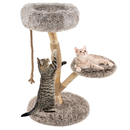 Tangkula Solid Wood Cat Tree, Modern Cat Tower with Scratching Post, Luxurious Perch & Platform, Teasing Rope, Natural Pear Wood, Soft Long Plush, Cute Cat Tree for Indoor Kittens