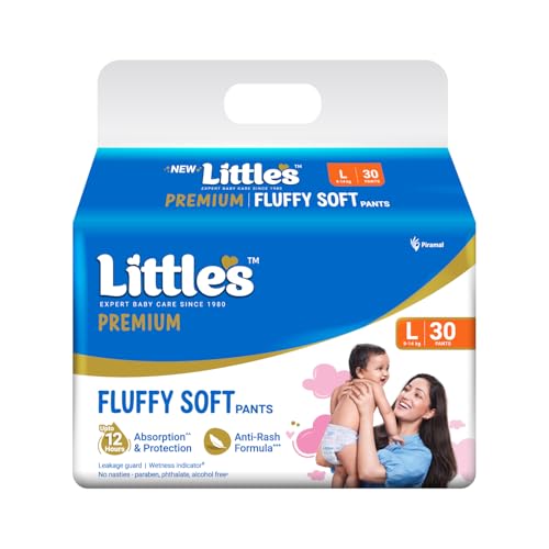 Little's Premium Baby Diapers L Size (Large) Pants Style | 9-14 kg | 30 Count - Pack of 1 | FluffySoft Baby Diaper with Leakage Guard, Wetness Indicat