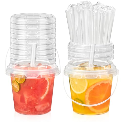 TUZAZO 15 Pack Drink Buckets with Lids and Straws 24 OZ Clear Plastic Bucket Cups with Handle for Lemonade Smoothies Iced Coffee Cups Summer Beach Pool Party Supplies