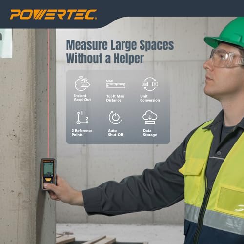 POWERTEC Laser Measure 165 ft (50 m) Digital Distance Meter with Angle Sensor, Backlit LCD, Area/Volume/Pythagorean Modes, Continuous Measurement, Memory, Batteries Included (72316) - Thumbnail 2