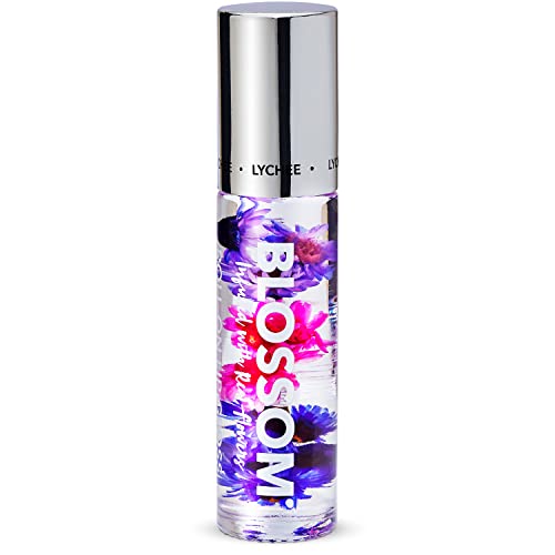 Blossom Roll on Lip Gloss, Scented Clear High Shine Moisturizing Lip Oil, Non Sticky, Infused with Real Flowers, Made in USA, 0.2oz, Lychee