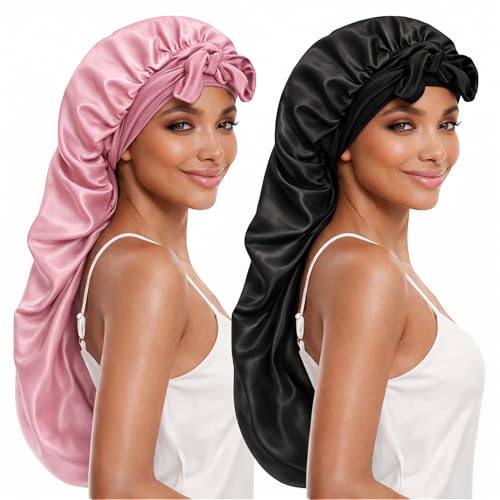 DEMAZALO Long Bonnet for Braids & Curly Hair Silk Satin Bonnet for Sleeping Extra Large Bonnets for Women Braid (Black Pink)