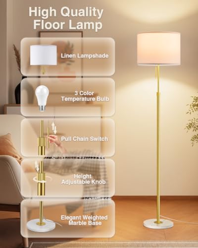 Image of Ambimall Height Adjustable Modern Gold Floor Lamp, Gold & White
