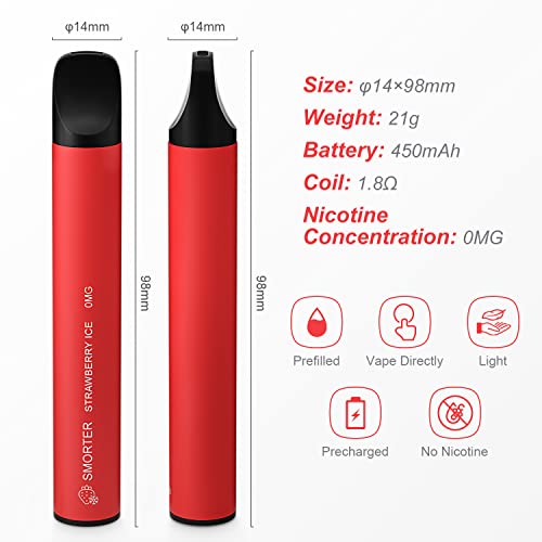 Smorter E Zigarette, 5 Stücke Einweg Vape E Zigarette, 450mAH E Zigarette mit Fruchtgeschmack, ohne Nikotin(Eis Wassermelone+Eis Blaubeere+Eis Erdbeere+Eis Minze+Eis Zitrone Geschmack) – Bild 6