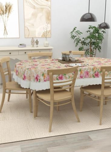 Image of Dakshya Industries PVC Waterproof Dining Table Cover for 6 Seater | Washable Oilproof Floral Printed Table Protector with Lace Border for Home Kitchen Decor (Oval)