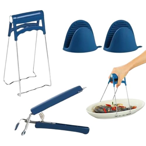 3 Pack Kitchen Tongs Bowl Dish Pan Clips Tongs Silicone GlovesKitchen Hot Plate Gripper, Stainless Steel Bowl Clip,Avoid Scalding Kitchenware Set (Blue)
