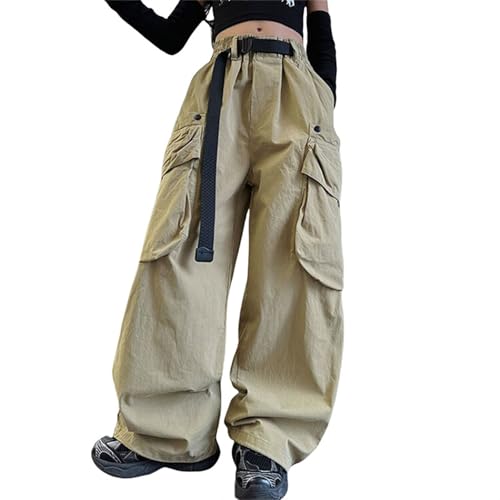 Girls Fashion 𝐘2K Active Cargo Pants Casual Work Trousers with Pockets Elastic High Waist Wide Leg (Khaki, 10-11 Years)