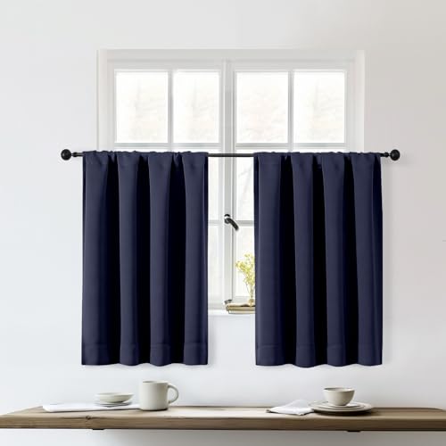 OWENIE Sally Navy Blue Kitchen Curtains 36 Inch Length 2 Panels Set, Half Small Window Rod Pocket Privacy Room Darkening Curtain Tiers for Bathroom Shades, 2 Pcs Each W40 x L36 Inch, Navy Blue