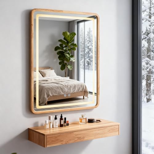 Fiqevs Oak Wood Framed Bathroom Mirror with Lights, 26x38 Inch Rectangle Wall Mirror, Smart Touch 3 Colors Lighting Mode & Anti-Fog Vanity Mirror for Bathroom, Entryway, Living Room by Fiqevs - Image 3
