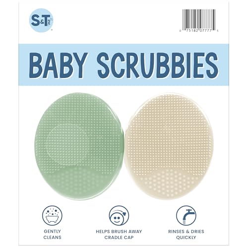 Image of S&T INC. Exfoliating and Massaging Cradle Cap Bath Brushes for Baby, Silicone - 2 Inch x 2.5 Inch, Sage Green & Cream, 2 Pack