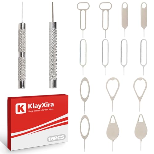 KlayXira 16 Pack SIM Card Removal Tool Kit, Universal SIM Ejector Pin and SD Card Tray Opener Key for All Cell Phones and Tablets, Durable Stainless Steel Phone Pin with Keychain Holder