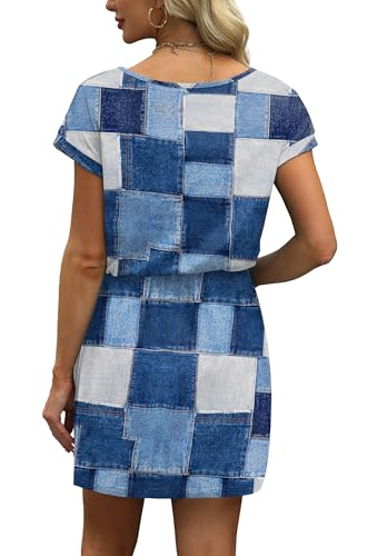 Image of OFEEFAN Summer Dresses for Women 2026 V Neck T Shirt Casual Mini Dresses Tie Waist Sundresses with Pockets