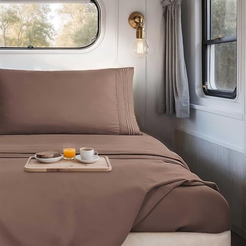 Image of Nestl Chocolate Brown Short Queen Sheets for RV, Hotel Luxury RV Queen Sheets Set, 4 Piece Fitted Bed Sheet Set and Pillowcases, Super Soft, Wrinkle-Free, and Breathable Camper Bedding