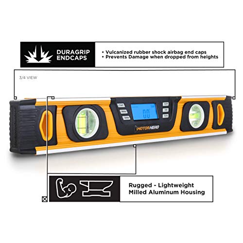 Image of MOTORHEAD 16-Inch 0 - 180 SMART DIGITAL Level, LCD Screen, Audible Alerts, Water, Dust & Shock Resistant, Magnetic Bottom, Includes Bag, High-Visibility, Solid-Milled Aluminum, USA-Based Support | Audible Alerts, Water Dust and Shock Resistant, High-Visibility, Solid-Milled Aluminum, Carrying Bag, Carpentry Masonry