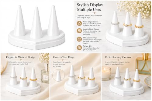 Image of morel JEWEL FINGER RING HOLDERS PLASTIC 3 MOUNT JEWELRY WHITE STAND RING CONE FINGER STORAGE ORGANIZER PERFECT FOR BUSINESS PHOTOSHOOT ROOM DECORATION.(PACK OF 2)