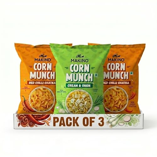 Image of Makino Corn Munch Combo Pack of 3 (150g Each) - Cream & Onion and Red Chilli Chatka | Crunchy Corn Chips | Gluten Free, No MSG, Zero Trans Fat | Sizzling Hot & Creamy Fusion Snacks