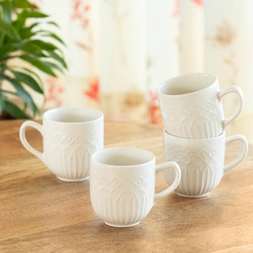 Image of ExclusiveLane 'Minimalist' Ceramic Coffee Mugs Set of 4 (Set of 4, 340 ml, Microwave and Dishwasher Safe, Hand-Embossed) | Ceramic Coffee Mug Coffee Cup Set of 4 Tea Mugs Set Tea Cups Ceramic Mugs