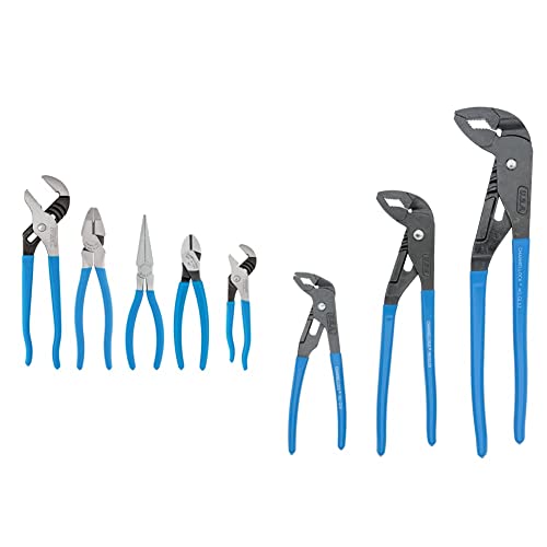 CHANNELLOCK GS-50 5pc Pliers Set | Made in USA | Forged High Carbon Steel & GLS-3 Tongue and Groove Plier Set, Dipped, 3Pcs. Blue, 6.5", 9.5", 12.5"