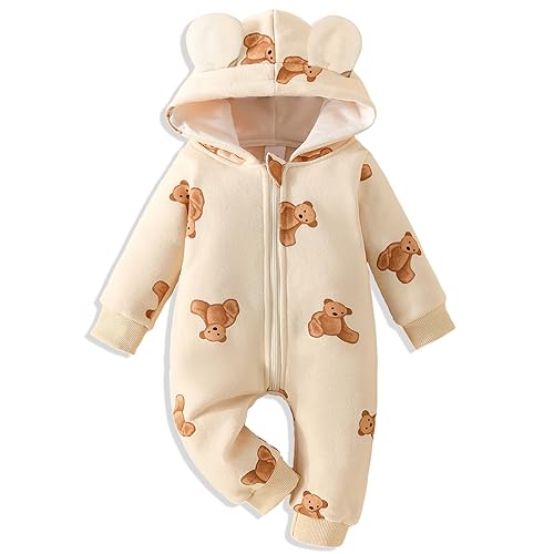Image of AMAWMW Newborn Baby Girl Winter Outfit Hooded Jumpsuit Infant One Piece Romper Baby Warm Snowsuit Clothes Gifts Set