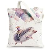 Lindas bolsas de lona con diseño de erizo, bolsas de compras reutilizables con diseño de animales, ligeras y lavables con correa para el hombro, Blanco, 13x15 Inch