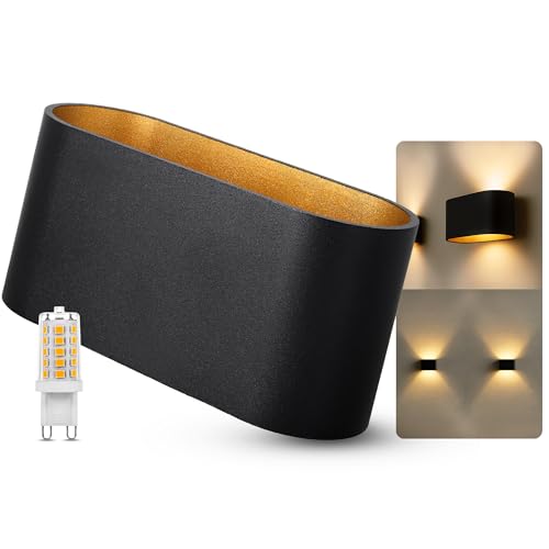 SSC-LUXon JOBERO Wandleuchte Innen schwarz - Wandlampe Gold Design Up Down Leuchte inkl. 1x G9 LED Leuchtmittel warmwei&szlig; 3W