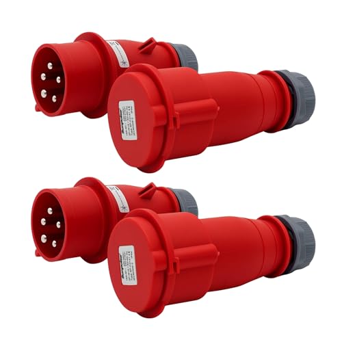 SOLARTRONICS CEE Stecker + Kupplung Set Rot 16A/400V IP44 Spritzwassergeschützt 5-polig für Baustellen & Werkstätten (2er Pack)