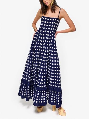 Image of Women Spaghetti Strap Flowy Long Dress Boho Floral Square Neck Maxi Dress Summer A-Line Dresses for Beach Vacation
