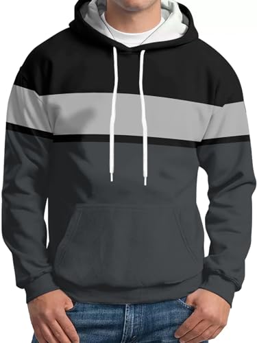 Mens Hoodies Pullover Color Block Casual Drawstring Long Sleeve Sweatshirt Tops with Pocket