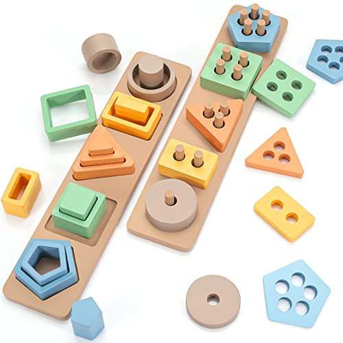 Image of AZEN 2Pack Montessori Toys for 1 2 3 Year Old Boys Girls, Wooden Sorting & Stacking Toys, Toddler Learning Shape Sorter Educational Toys