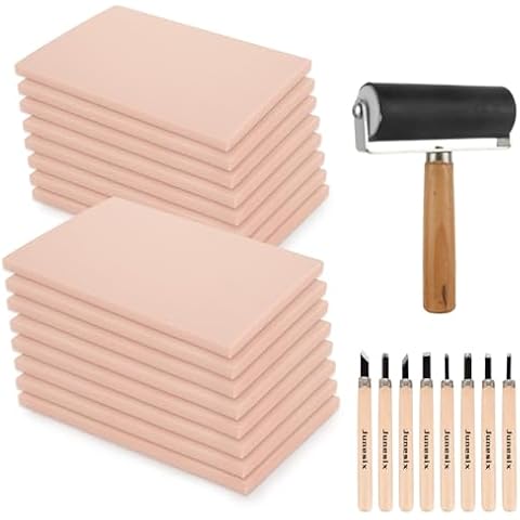 FVIEXE 8PCS 4x6 Inch Linoleum Carving Blocks for Printmaking, Rubber Linocut Block Stamp Making Kit with Wood Carving Tools and Rubber Brayer Roller, Soft Stamp Carving Kit for DIY Crafts Cover