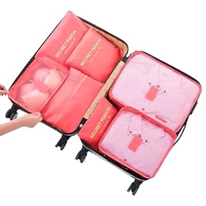 7 Set Packing Cubes Packing Organizers Travel Luggage Packing Organizers with Shoes Bag for Suitcase, Watermelon Red