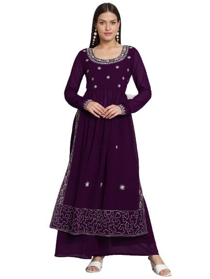 Image of PH POSHAKHUB Women A-Line Nyra Cut Kurta with Sharara in Georgette with Aari Work