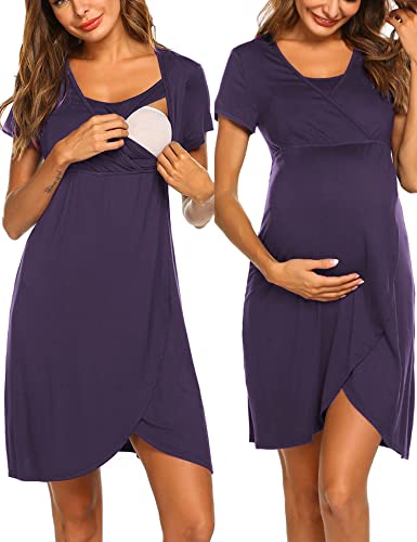 Image of Ekouaer Nursing Nightgown 3 In 1 Maternity Nightgown Short Sleeve Nursing Gown Breasfeeding Sleepwear Delivery Dress