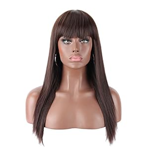 Kalyss 22inch Long Brown Wig with Hair Bangs Straight Synthetic Wig with Highlights Natural Looking Heat Resistant Hair Wig for Women