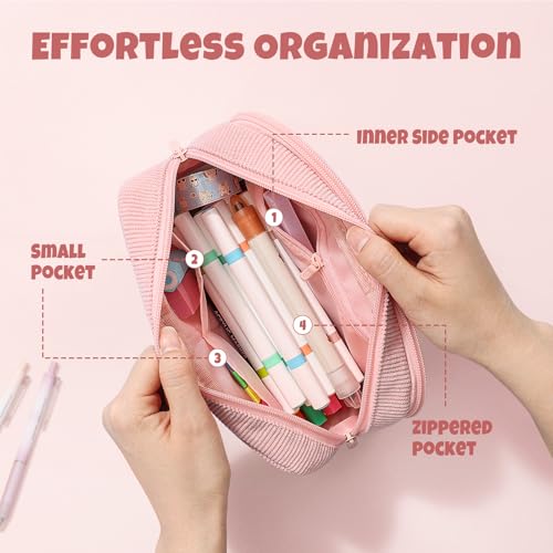 Image of SUNEE Pencil Case, Large Capacity Pencil Pouch, Aesthetic Big Pen Bag, Soft Corduroy Pen Box for Office Stationery Organizer School Supplies Multifunctional for Teen Boys Girls Women Men, Soft Pink