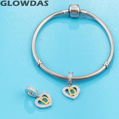 Image of GLOWDAS 18K Gold Plated Letter Charms Initial A to Z Necklace Pendant, 925 Sterling Silver CZ Heart Dangle Alphabet Beads fit European DIY Bracelet, Gifts for Valentiens /Christmas /Family
